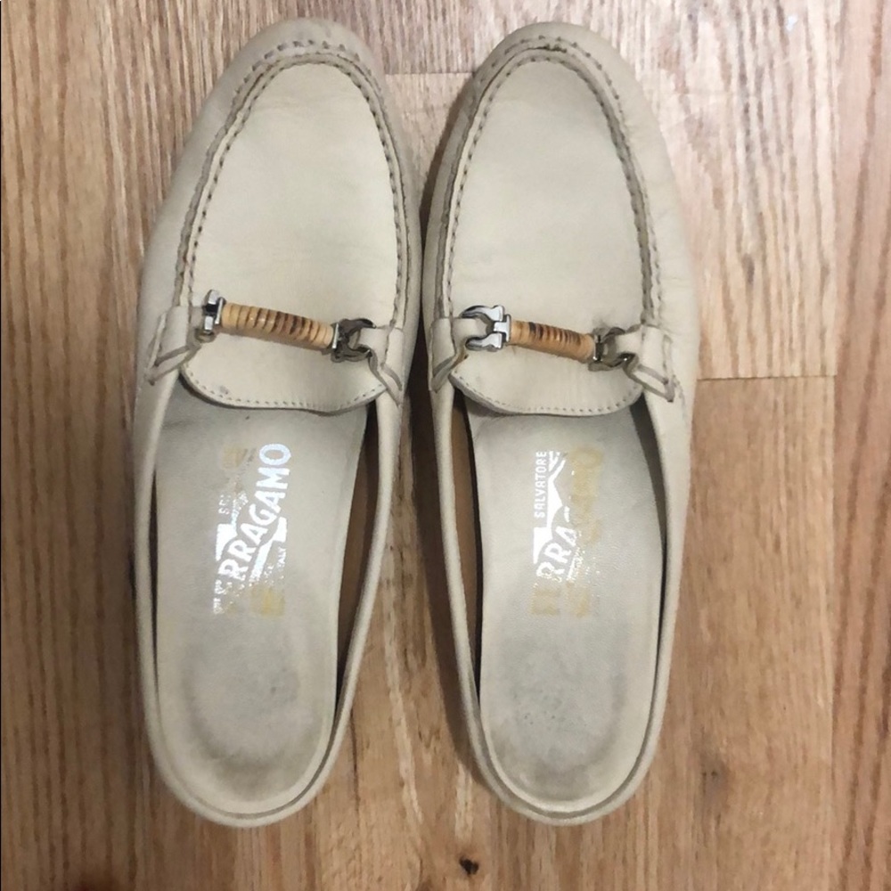 Salvatore Ferragamo off white mule loafers.